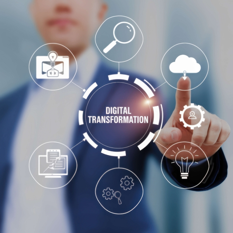 Executive interacting with digital transformation framework.