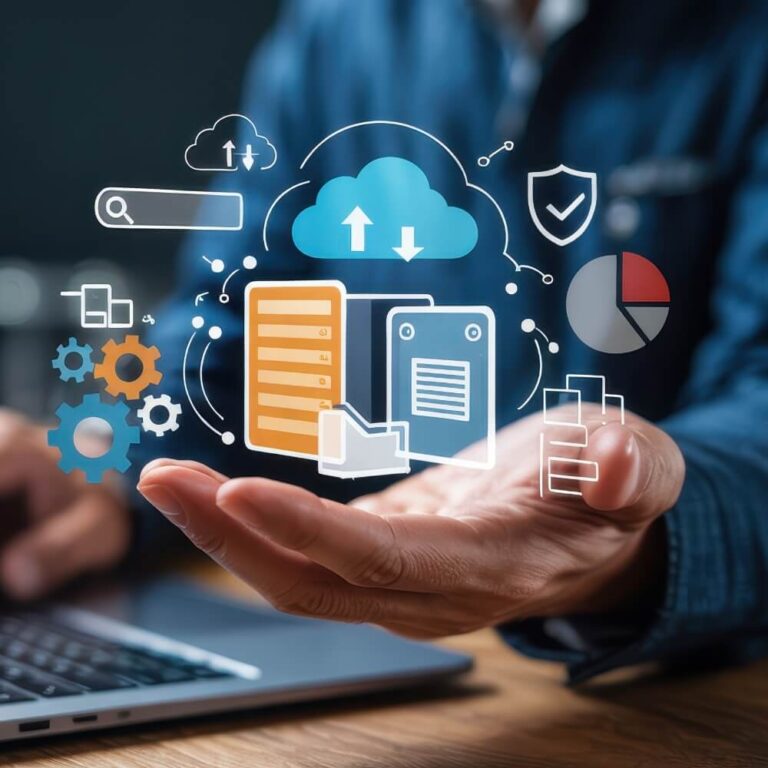 Business professional holding digital transformation icons above a laptop, symbolizing data, cloud solutions, and business growth.